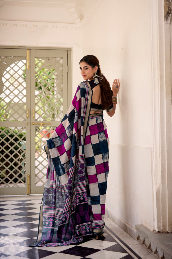 Elegant Chanderi Printed Saree with Temple Border & Matching Blouse ClothsVilla