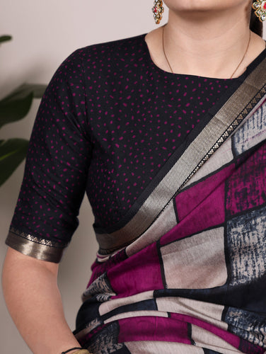 Elegant Chanderi Printed Saree with Temple Border & Matching Blouse ClothsVilla