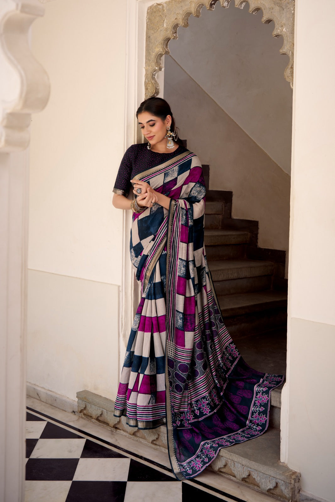 Elegant Chanderi Printed Saree with Temple Border & Matching Blouse ClothsVilla Main image
