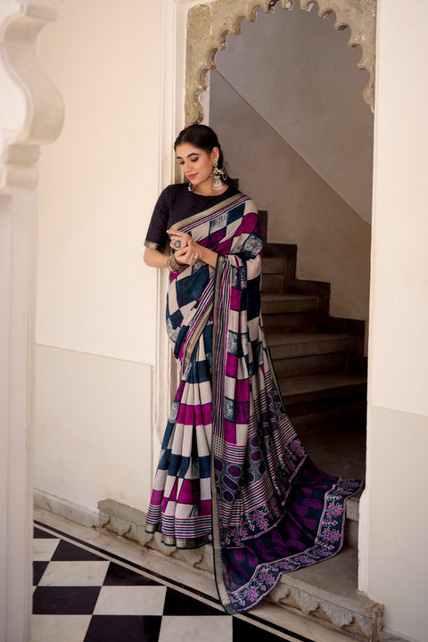 Elegant Chanderi Printed Saree with Temple Border & Matching Blouse ClothsVilla Main image
