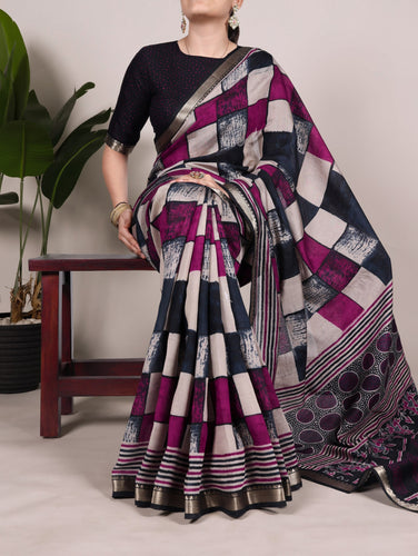 Elegant Chanderi Printed Saree with Temple Border & Matching Blouse ClothsVilla