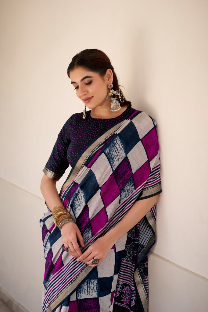 Elegant Chanderi Printed Saree with Temple Border & Matching Blouse ClothsVilla