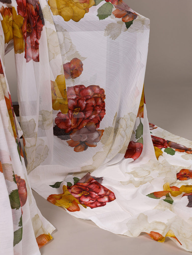 Elegant Chiffon Floral Printed Saree with Banglory Lace-Touch Stitched Blouse – Lightweight Designer Saree for Effortless Grace ClothsVilla