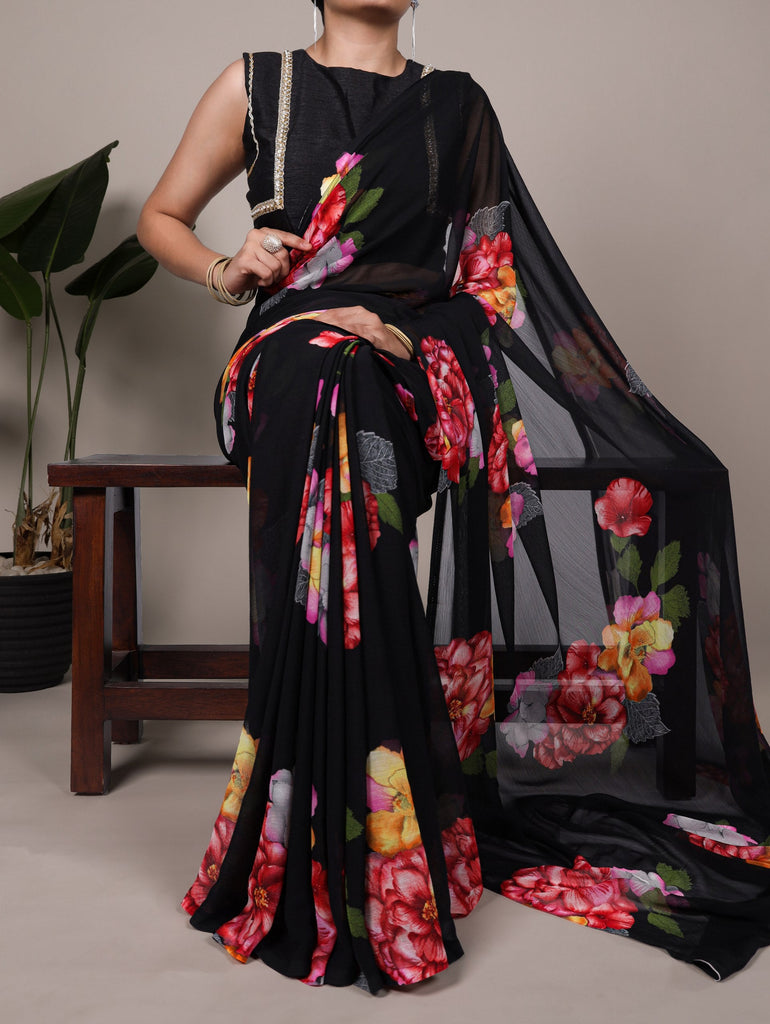 Elegant Chiffon Floral Printed Saree with Banglory Lace-Touch Stitched Blouse – Lightweight Designer Saree for Effortless Grace ClothsVilla