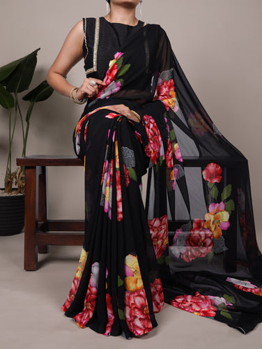 Elegant Chiffon Floral Printed Saree with Banglory Lace-Touch Stitched Blouse – Lightweight Designer Saree for Effortless Grace ClothsVilla
