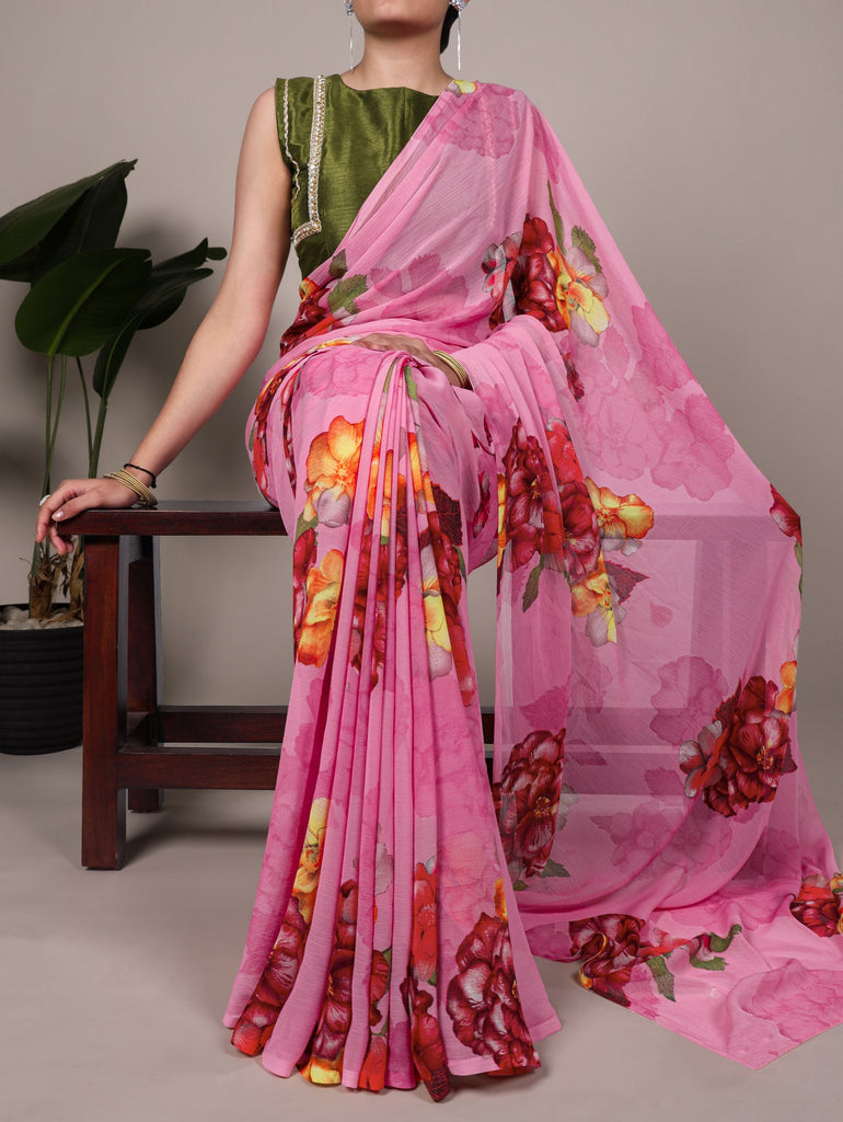 Elegant Chiffon Floral Printed Saree with Banglory Lace-Touch Stitched Blouse – Lightweight Designer Saree for Effortless Grace ClothsVilla