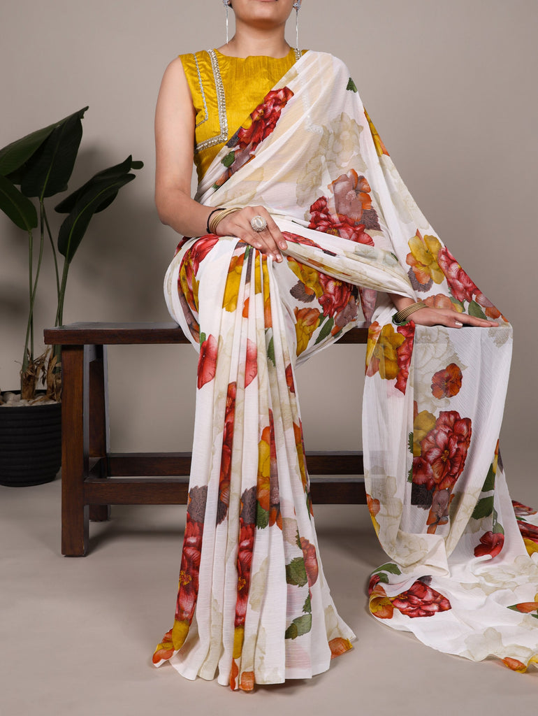 Elegant Chiffon Floral Printed Saree with Banglory Lace-Touch Stitched Blouse – Lightweight Designer Saree for Effortless Grace ClothsVilla