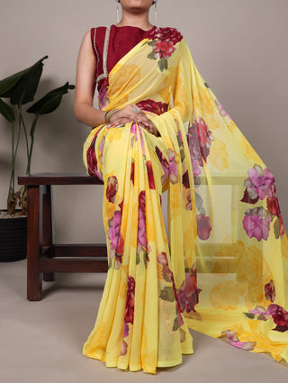 Elegant Chiffon Floral Printed Saree with Banglory Lace-Touch Stitched Blouse – Lightweight Designer Saree for Effortless Grace ClothsVilla
