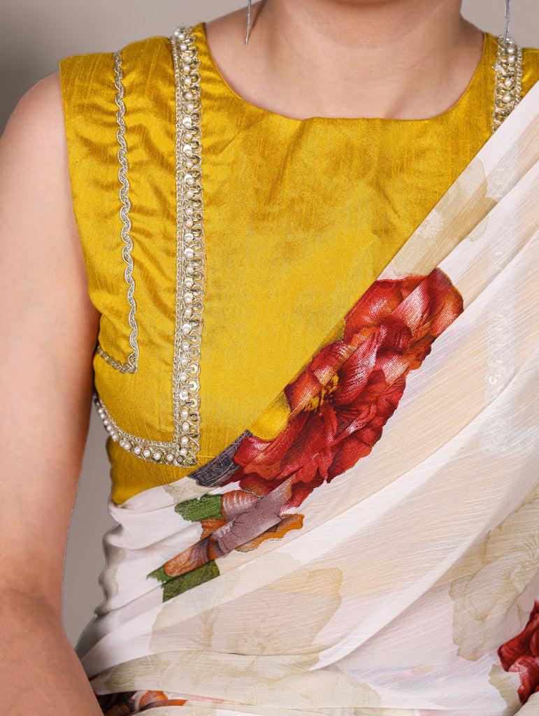 Elegant Chiffon Floral Printed Saree with Banglory Lace-Touch Stitched Blouse – Lightweight Designer Saree for Effortless Grace ClothsVilla