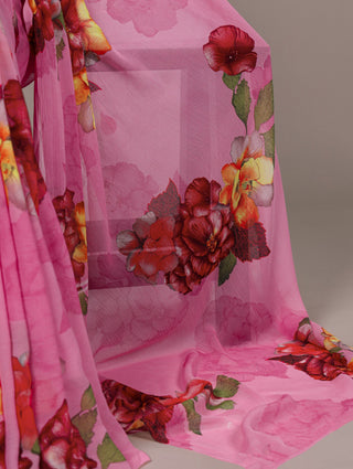 Elegant Chiffon Floral Printed Saree with Banglory Lace-Touch Stitched Blouse – Lightweight Designer Saree for Effortless Grace ClothsVilla