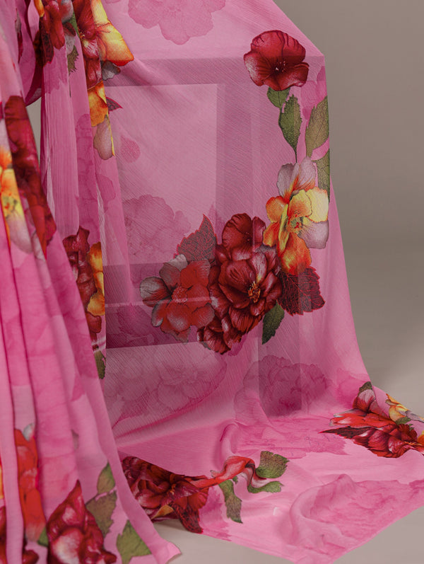 Elegant Chiffon Floral Printed Saree with Banglory Lace-Touch Stitched Blouse – Lightweight Designer Saree for Effortless Grace ClothsVilla