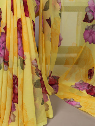 Elegant Chiffon Floral Printed Saree with Banglory Lace-Touch Stitched Blouse – Lightweight Designer Saree for Effortless Grace ClothsVilla