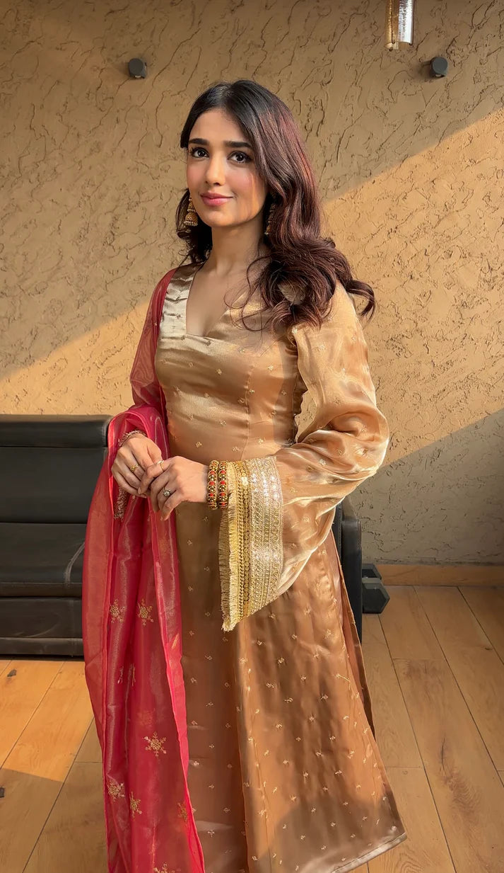 Elegant Cream Organza Salwar Suit with Satin Pants – Perfect for Festive and Party Wear ClothsVilla
