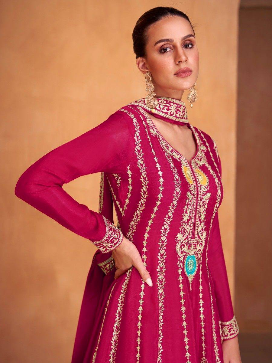 Pink Readymade Embroidered Chinon A-Line Suit main image 0