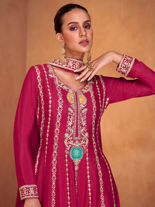 Elegant Embroidered Pink Chinon Suit Set with Sharara & Dupatta ClothsVilla