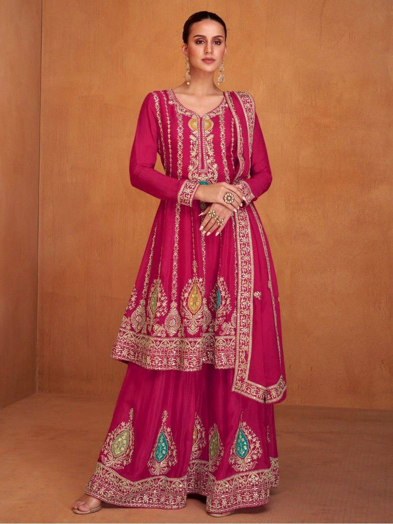 Elegant Embroidered Pink Chinon Suit Set with Sharara & Dupatta ClothsVilla