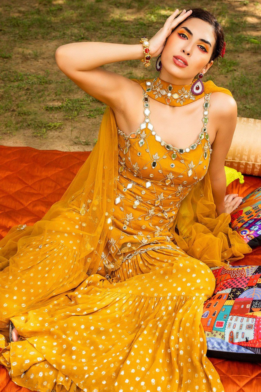 Elegant Georgette Musterd Sharara Suit with Paper Mirror Work Secondary image
