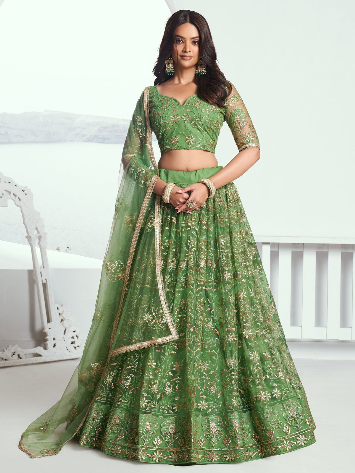 Elegant Green Embroidered Net Mehendi Lehenga Choli ClothsVilla Main image