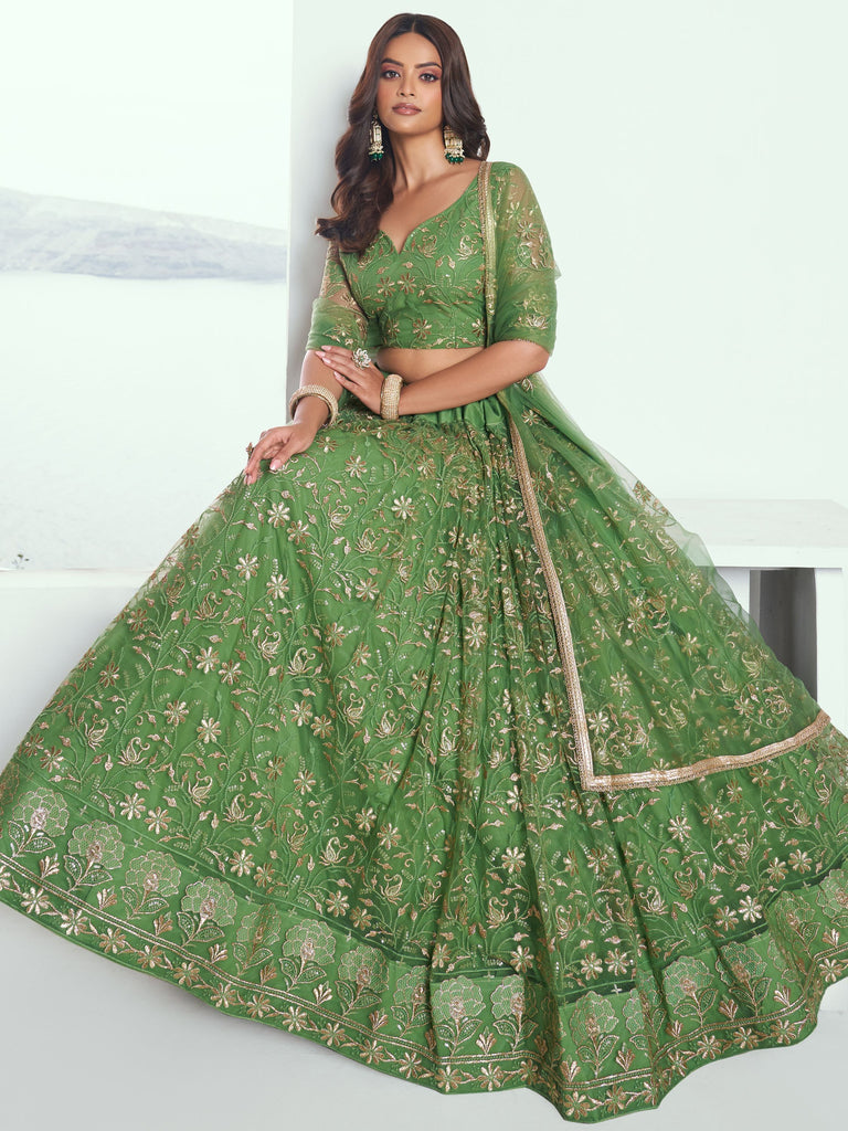 Elegant Green Embroidered Net Mehendi Lehenga Choli ClothsVilla