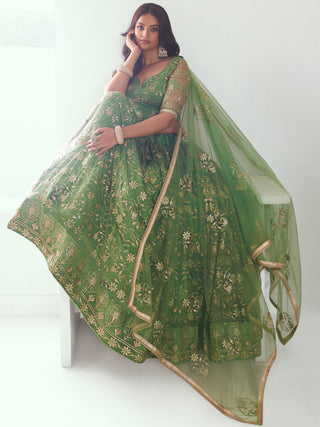 Elegant Green Embroidered Net Mehendi Lehenga Choli ClothsVilla