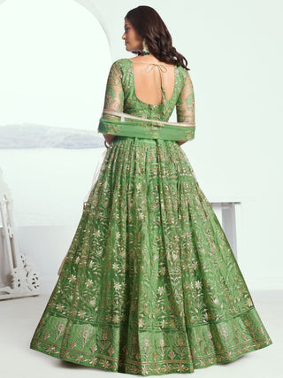 Elegant Green Embroidered Net Mehendi Lehenga Choli ClothsVilla
