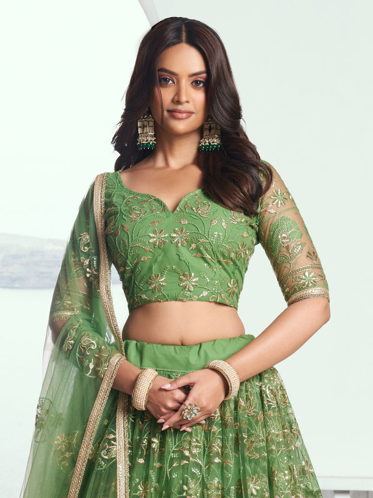 Elegant Green Embroidered Net Mehendi Lehenga Choli ClothsVilla