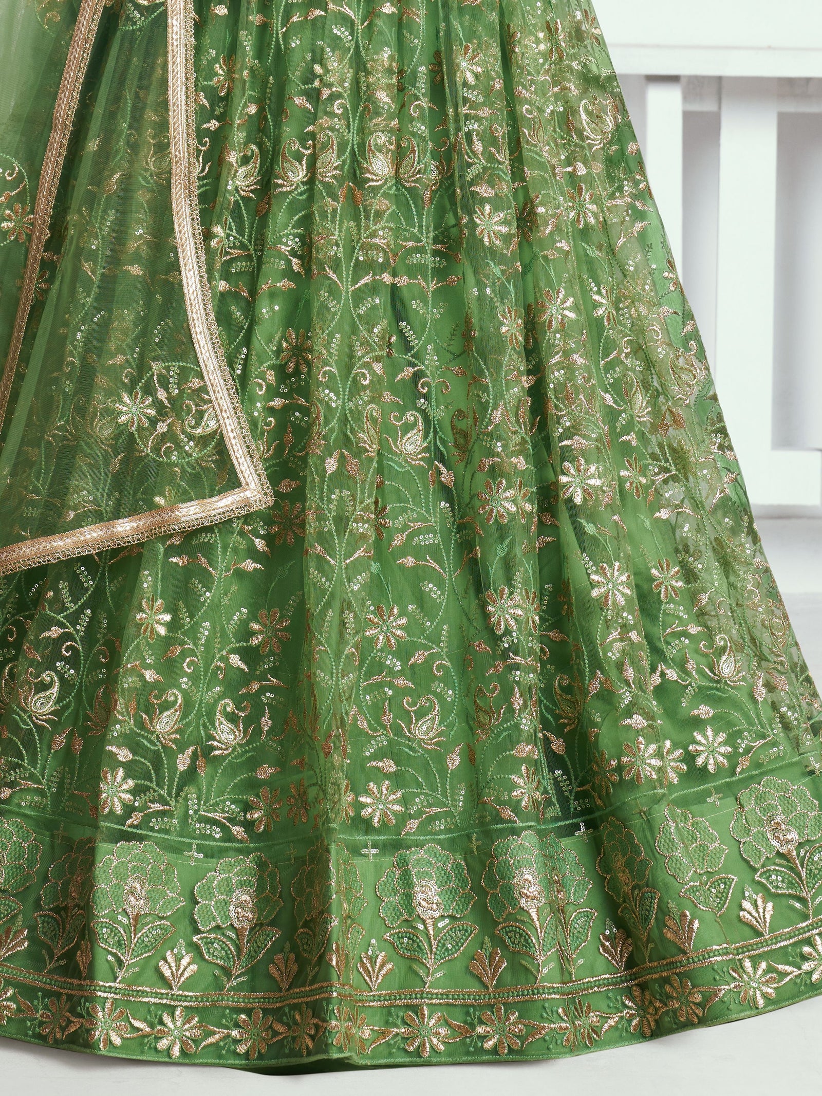 Elegant Green Embroidered Net Mehendi Lehenga Choli ClothsVilla