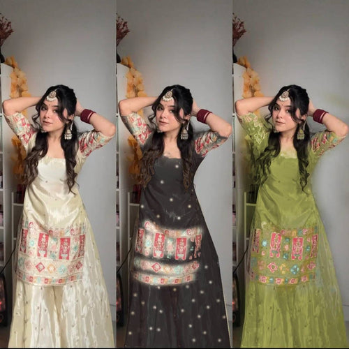 Elegant Heavy Chinnon Silk Embroidered Sharara Set – Top, Palazzo & Dupatta ClothsVilla