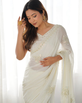 Elegant Ivory Space Silk Saree with Sequins & Katdana Work ClothsVilla