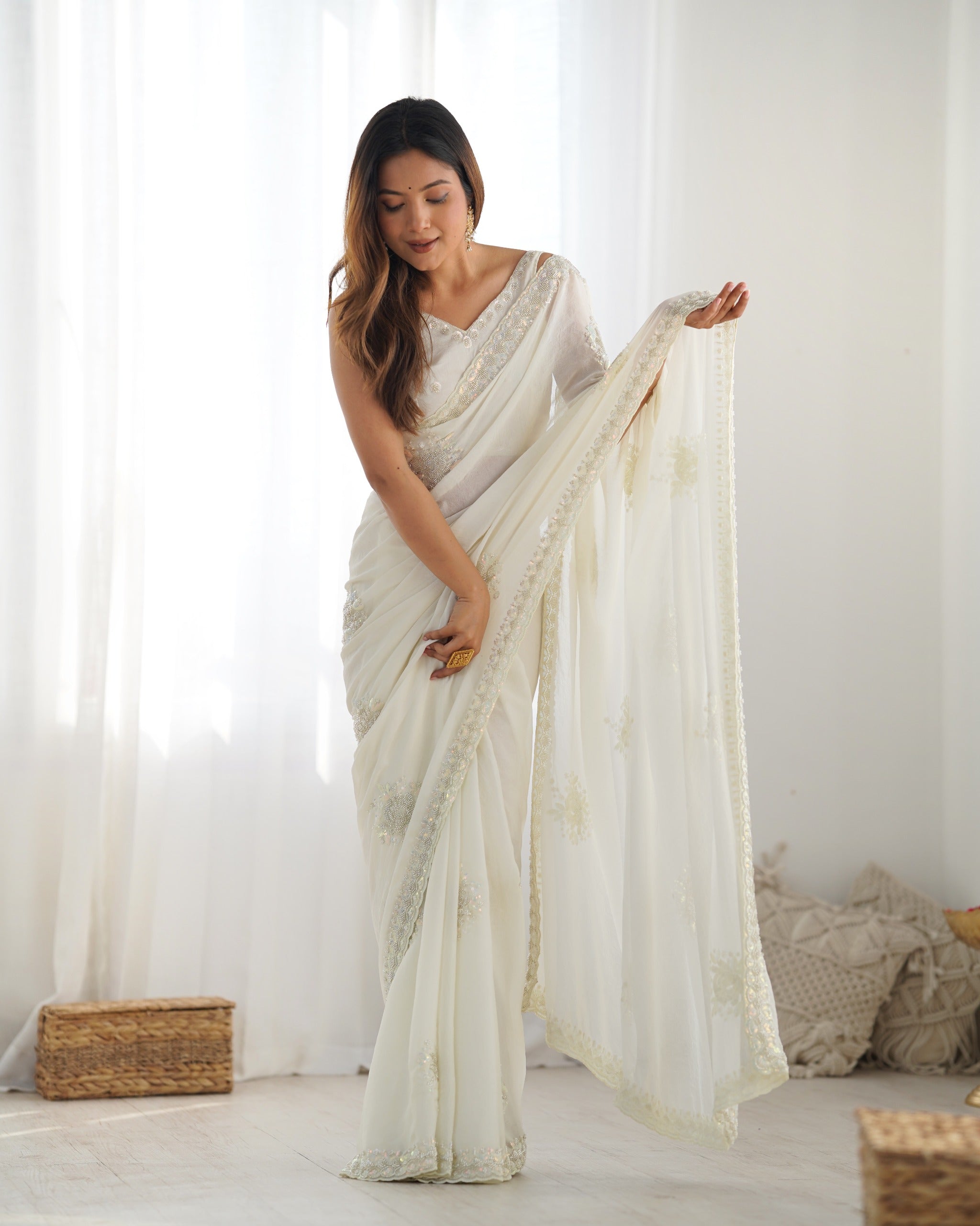 Elegant Ivory Space Silk Saree with Sequins & Katdana Work ClothsVilla Main image