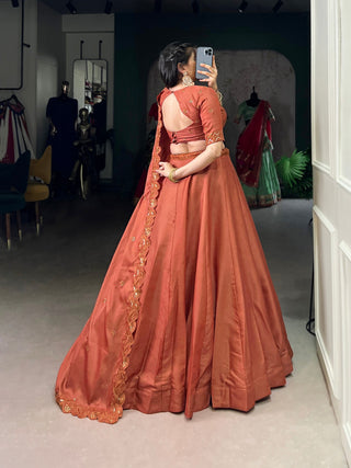 Orange Elegant Korean Pure Tussar Embroidered Lehenga Set with Sequins Detailing ClothsVilla