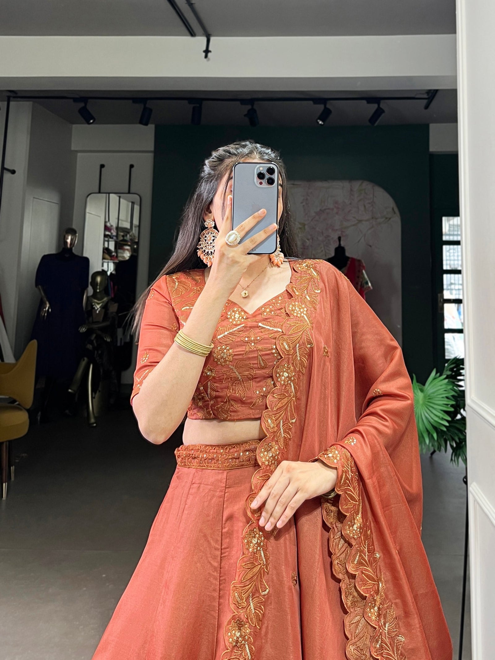 Orange Elegant Korean Pure Tussar Embroidered Lehenga Set with Sequins Detailing ClothsVilla