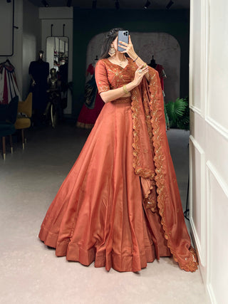 Orange Elegant Korean Pure Tussar Embroidered Lehenga Set with Sequins Detailing ClothsVilla
