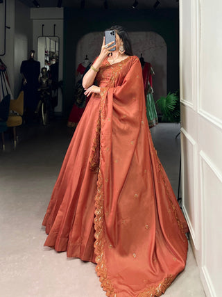 Orange Elegant Korean Pure Tussar Embroidered Lehenga Set with Sequins Detailing ClothsVilla