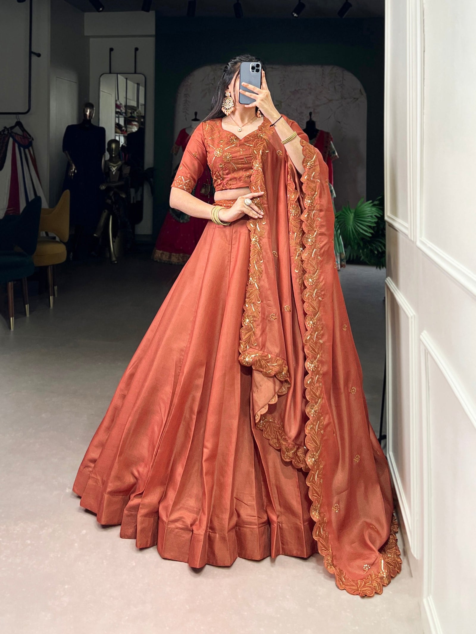 Orange Elegant Korean Pure Tussar Embroidered Lehenga Set with Sequins Detailing ClothsVilla