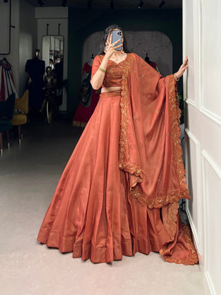 Orange Elegant Korean Pure Tussar Embroidered Lehenga Set with Sequins Detailing ClothsVilla