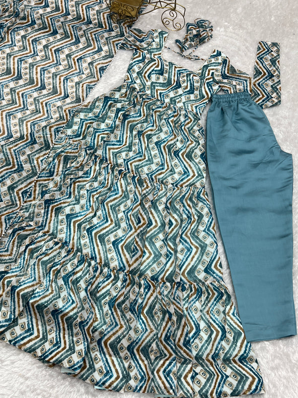 Elegant Light Blue Zigzag Print Anarkali Set with Dupatta – Perfect for Festivities & Weddings
