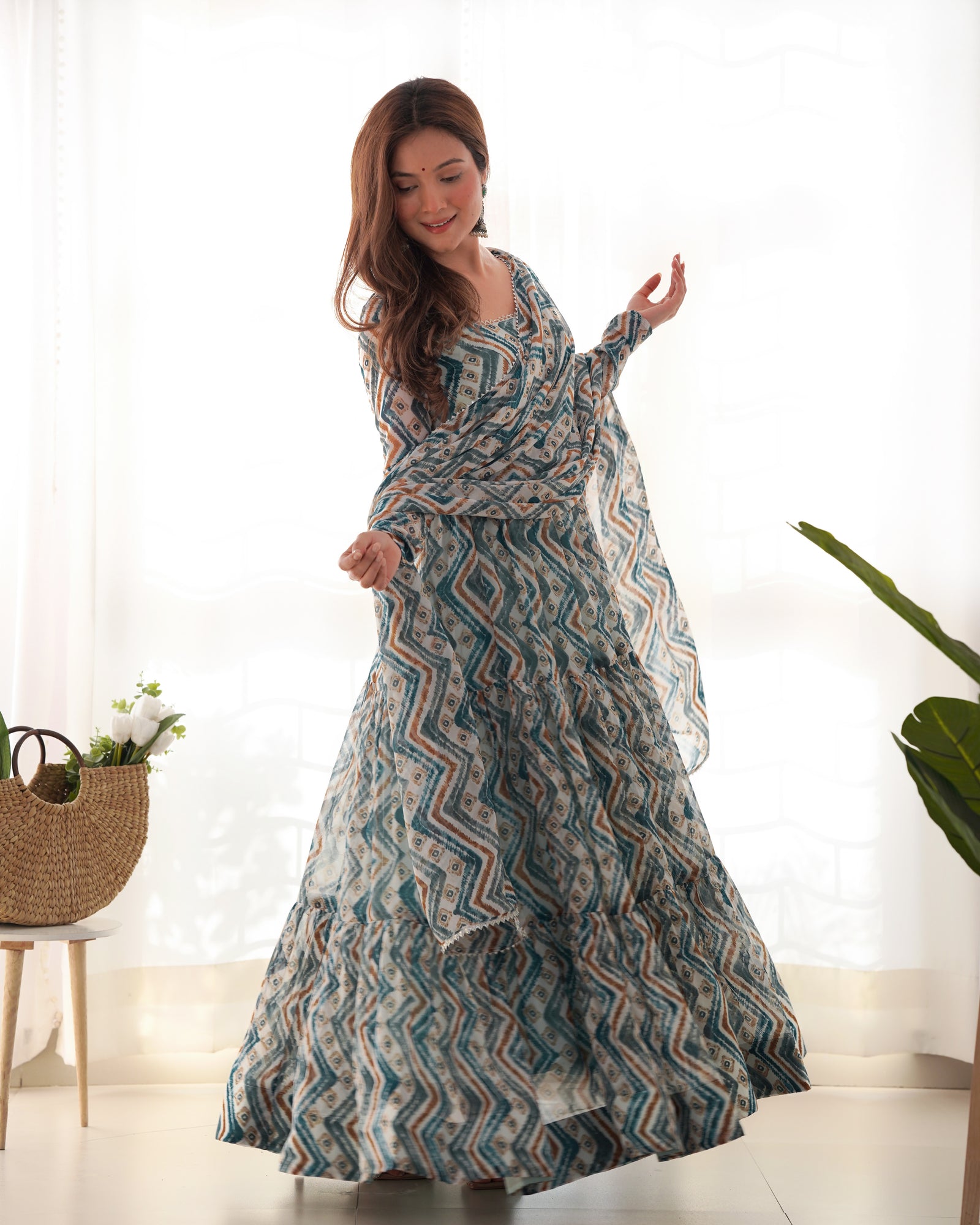 Elegant Light Blue Zigzag Print Anarkali Set with Dupatta – Perfect for Festivities & Weddings