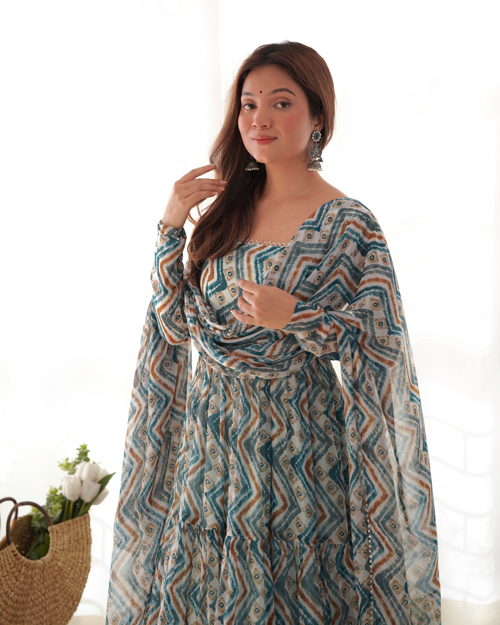 Elegant Light Blue Zigzag Print Anarkali Set with Dupatta – Perfect for Festivities & Weddings