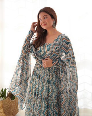 Elegant Light Blue Zigzag Print Anarkali Set with Dupatta – Perfect for Festivities & Weddings