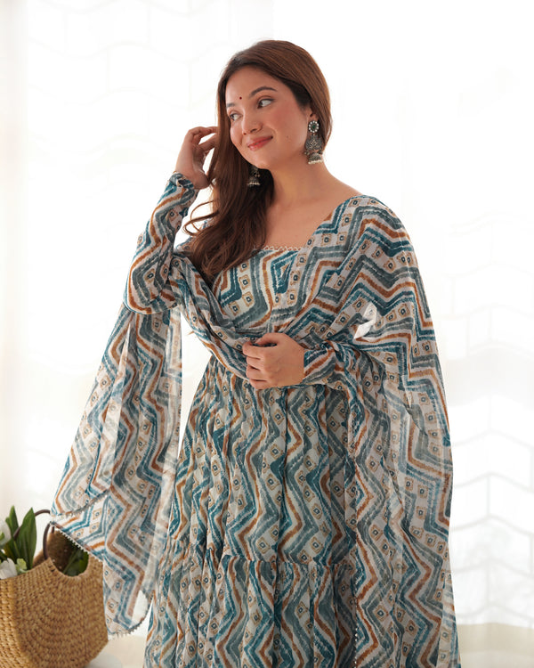 Elegant Light Blue Zigzag Print Anarkali Set with Dupatta – Perfect for Festivities & Weddings