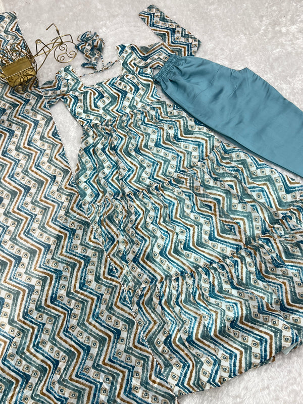 Elegant Light Blue Zigzag Print Anarkali Set with Dupatta – Perfect for Festivities & Weddings
