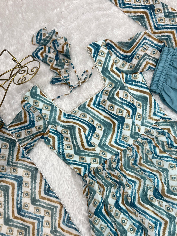 Elegant Light Blue Zigzag Print Anarkali Set with Dupatta – Perfect for Festivities & Weddings