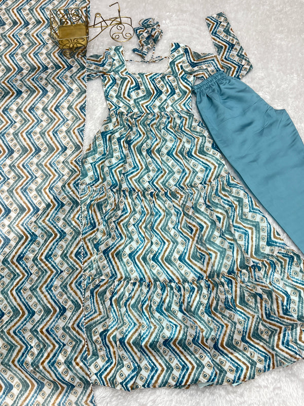 Elegant Light Blue Zigzag Print Anarkali Set with Dupatta – Perfect for Festivities & Weddings