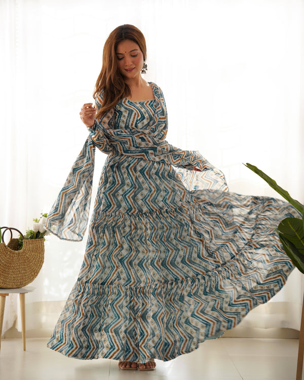 Elegant Light Blue Zigzag Print Anarkali Set with Dupatta – Perfect for Festivities & Weddings
