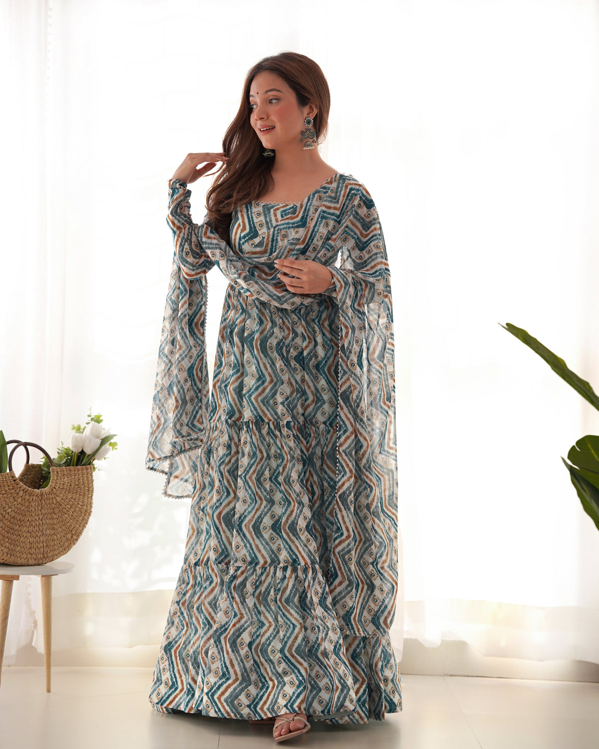 Elegant Light Blue Zigzag Print Anarkali Set with Dupatta – Perfect for Festivities & Weddings Main image