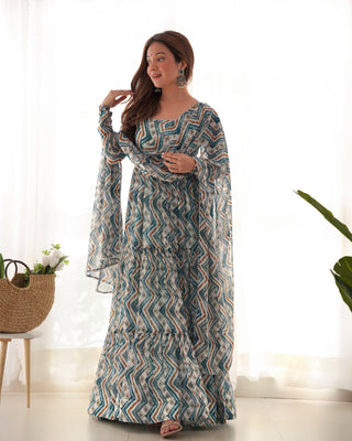 Elegant Light Blue Zigzag Print Anarkali Set with Dupatta – Perfect for Festivities & Weddings