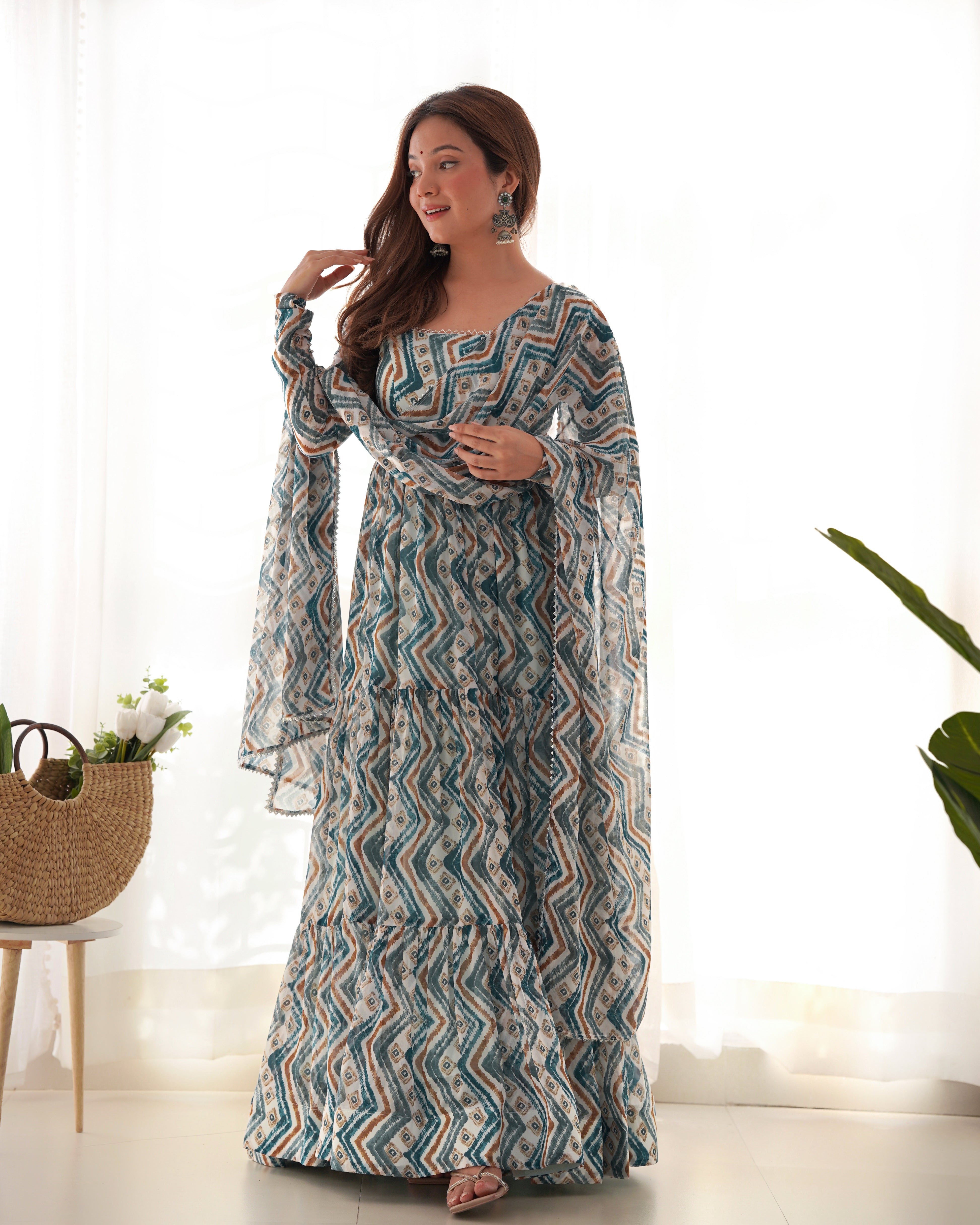Elegant Light Blue Zigzag Print Anarkali Set with Dupatta – Perfect for Festivities & Weddings Main image