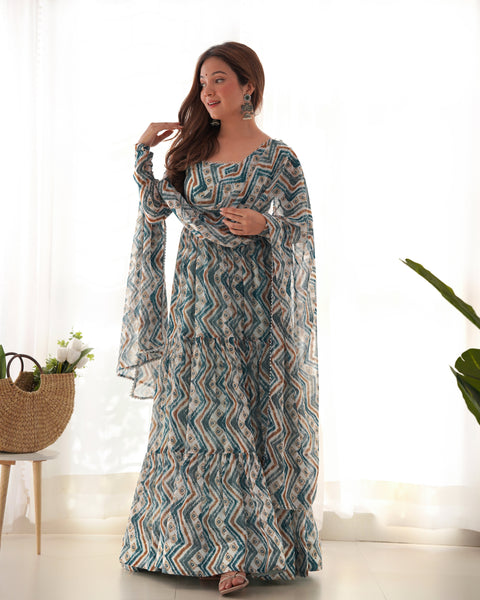 Elegant Light Blue Zigzag Print Anarkali Set with Dupatta – Perfect for Festivities & Weddings Main image
