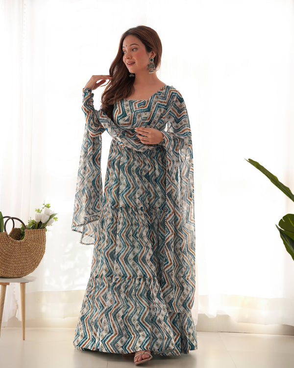 Elegant Light Blue Zigzag Print Anarkali Set with Dupatta – Perfect for Festivities & Weddings